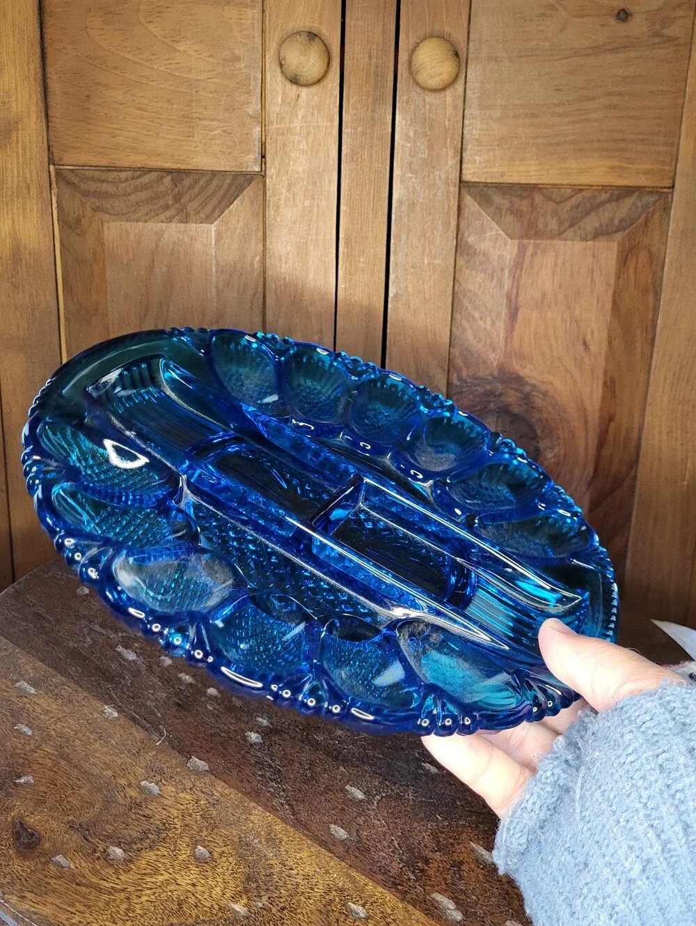Blue Glass Divided Serving Platter - Brand Unknown